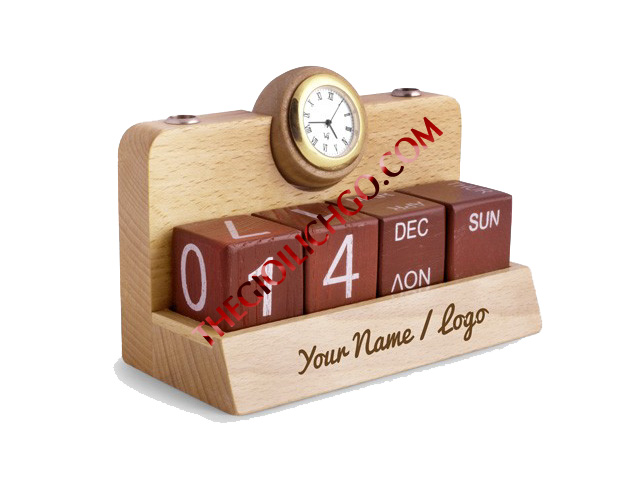 Lịch gỗ quà tặng để bàn có đồng hồ